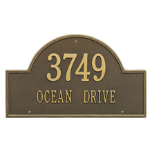 Load image into Gallery viewer, Whitehall Arch Marker two line standard wall mount plaque. The plaque has an arched shape and has gold lettering and a bronze background