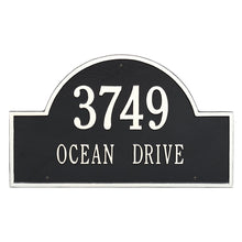 Load image into Gallery viewer, Whitehall Arch Marker two line standard wall mount plaque. The plaque has an arched shape and has white lettering and a black background
