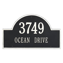 Load image into Gallery viewer, Whitehall Arch Marker two line standard wall mount plaque. The plaque has an arched shape and has white lettering and a black background