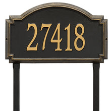 Load image into Gallery viewer, Whitehall williamsburg address plaque with black background and gold numbers. This includes stakes for an in ground mount