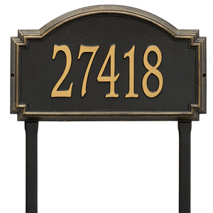 Whitehall williamsburg address plaque with black background and gold numbers. This includes stakes for an in ground mount