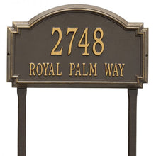 Load image into Gallery viewer, Whitehall williamsburg address plaque with bronze background and gold numbers and letters. This includes stakes for an in ground mount
