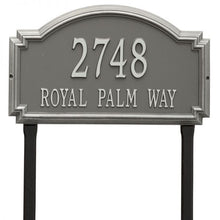 Load image into Gallery viewer, Whitehall williamsburg address plaque with pewter background and silver numbers and letters. This includes stakes for an in ground mount
