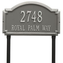Load image into Gallery viewer, Whitehall williamsburg address plaque with pewter background and silver numbers and letters. This includes stakes for an in ground mount