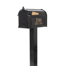 Load image into Gallery viewer, Whitehall black cast aluminum mailbox with custom address plaque on the side in gold letters and gold flag
