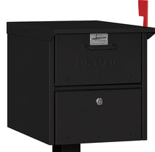 Load image into Gallery viewer, Black powder coated mailbox with locking front and rear doors, a mail depository door on the front with a pull handle and a red flag on the side
