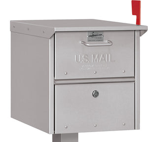 Silver powder coated mailbox with a locking front and rear door, a mail depository door on the front with a pull handle and a red flag on the side