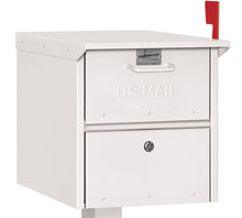 Load image into Gallery viewer, White powder coated mailbox with locking front and rear doors, a mail depository door on the front with a pull handle and a red flag on the side

