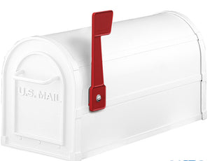 White heavy duty aluminum powder coated mailbox with red flag