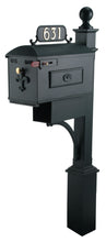 Load image into Gallery viewer, Black Imperial Estate Mailbox and Post. Fleur de Lis on the door with a brass knob and rosette on the side. This includes a red side pull flag. Newspaper holder is attached to the mailbox and post.