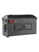 Load image into Gallery viewer, Box 1 Imperial Estate mailbox with fleur de lis on the door and rosette on the sides. This includes a brass knob on the door and a side red flag