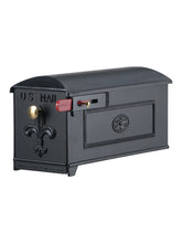 Load image into Gallery viewer, Imperial 1K black cast aluminum mailbox  with Fleur de Lis door,  Red horizontal flag and small and large brass knobs
