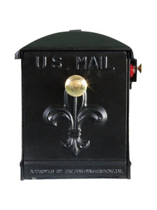 Imperial #1 black cast aluminum mailbox  with Fleur de Lis door,  Red horizontal flag and small and large brass knobs