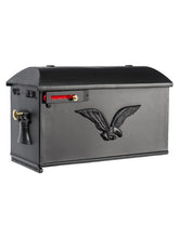 Load image into Gallery viewer, Box 4 imperial estate mailbox with soaring eagle on the sides and liberty bell on the door. This includes a brass knob on the door and red pull flag on the side.