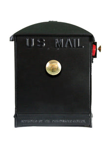 Imperial 7K black cast aluminum mailbox with horse and carriage on the side, Red flag and small and large brass knobs