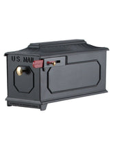Load image into Gallery viewer, Imperial 8K black cast aluminum mailbox with octagon design on the side and door. Red flag and small and large brass knobs
