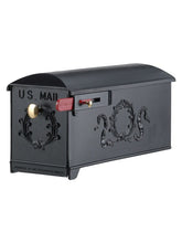 Load image into Gallery viewer, Imperial 9K black cast aluminum mailbox with wreath on the side and door. Red flag and small and large brass knobs
