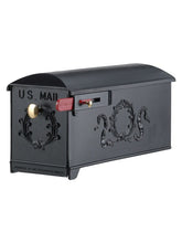 Load image into Gallery viewer, Imperial 9K black cast aluminum mailbox with wreath on the side and door. Red flag and small and large brass knobs