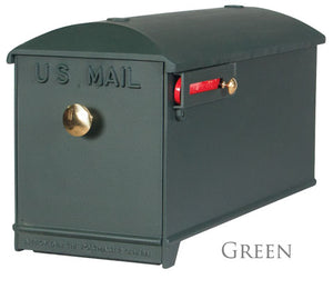 green imperial mailbox with brass knob and red powder coated slide flag