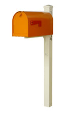 Load image into Gallery viewer, Special lite mid-century Rigby modern mailbox and post.  An Orange powdered coated mailbox  with side red flag. A square ivory post with pyramind finial and black vinyl address numbers on the side