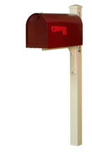 Load image into Gallery viewer, Special lite mid-century Rigby modern mailbox and post.  A wine powdered coated mailbox  with side red flag.  A square ivory post with pyramind finial and black vinyl address numbers on the side
