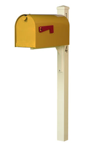 Special lite mid-century Rigby modern mailbox and post.  A Yellow powdered coated mailbox  with side flag. A square ivory post with pyramind finial and black vinyl address numbers on the side