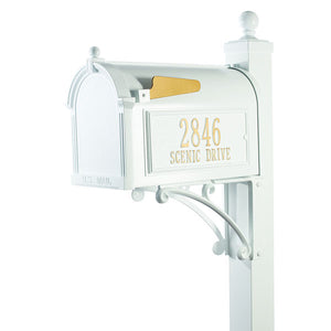 Whitehall white cast aluminum mailbox with custom address plaque on the side in gold letters and gold flag