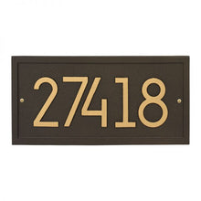 Load image into Gallery viewer, Whitehall rectangle modern plaque with brown background and border. Up to five aged bronze modern numbers can be placed on the plaque.
