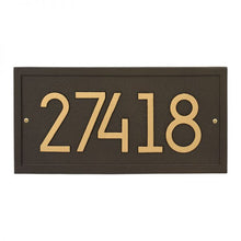 Load image into Gallery viewer, Whitehall rectangle modern plaque with brown background and border. Up to five aged bronze modern numbers can be placed on the plaque.