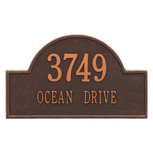 Load image into Gallery viewer, Whitehall Arch Marker two line estate wall mount plaque. The plaque has an arched shape and has copper lettering and a brown background.