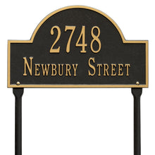 Load image into Gallery viewer, Whitehall Arch Marker two line standard lawn mount plaque. The plaque has an arched shape and comes with in-ground stakes