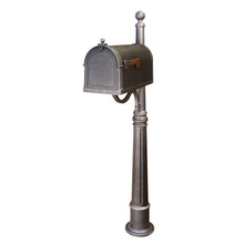 Load image into Gallery viewer, Special lite berkshire curbside swedish silver mailbox with leather grain door,  stainless steel hinge, and 2 inch brass numbers
