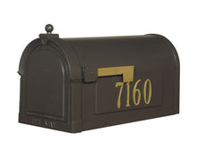 Load image into Gallery viewer, Special lite berkshire curbside mocha mailbox with leather grain door,  stainless steel hinge, and 2 inch brass numbers

