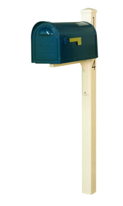 Special lite mid-century modern mailbox and post.  A green powdered coated mailbox  with side flag. A square ivory post with pyramind finial and black vinyl address numbers on the side