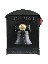 Load image into Gallery viewer, Black imperial mailbox with soaring eagle on the side and bell on the front door. This includes a brass door knob and red side pull flag.