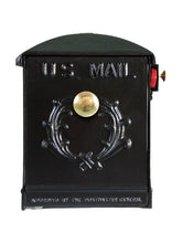 Load image into Gallery viewer, 119k black imperial mailbox with wreath on the door and both sides of the mailbox, brass knob, and red powder coated slide flag