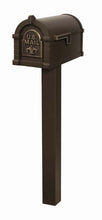 Load image into Gallery viewer, Bronze keystone fleur de lis mailbox with brass faceplate and corresponding black square post
