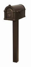 Load image into Gallery viewer, Bronze keystone fleur de lis mailbox with brass faceplate and corresponding black square post
