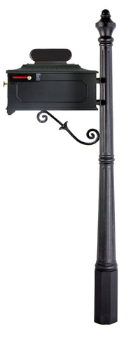 Black imperial geometric design mailbox and slim fluted post. The S scroll accentuates the mailbox and post from underneath. 