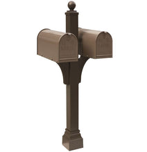 Load image into Gallery viewer, Bronze Janzer double Mailbox with decorative ball finial and decorative, square cuff at the base. Two bronze mailboxes are mounted on either side. 
