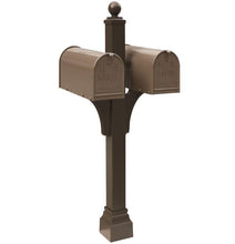 Load image into Gallery viewer, Bronze Janzer double Mailbox with decorative ball finial and decorative, square cuff at the base. Two bronze mailboxes are mounted on either side.