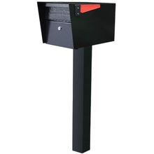 Load image into Gallery viewer, Black powder coated Mail manager mailbox with secure locking door, red flag, and post