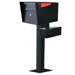 Black powder coated Mail manager mailbox door, secure locking door, red flag, newspaper holder and surface mount post