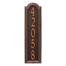 Load image into Gallery viewer, Whitehall Manchester vertical plaque. This plaque is rectangular is design with a small arch on top. This plaque has copper numbers and a brown background
