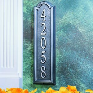 Whitehall Manchester vertical plaque. This plaque is rectangular is design with a small arch on top. This plaque has silver numbers and a black  background