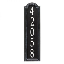 Load image into Gallery viewer, Whitehall Manchester vertical plaque. This plaque is rectangular is design with a small arch on top. This plaque has white numbers and a black background