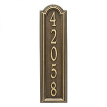 Load image into Gallery viewer, Whitehall Manchester vertical plaque. This plaque is rectangular is design with a small arch on top. This plaque has gold numbers and a brown background