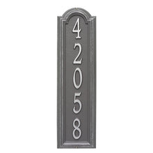 Load image into Gallery viewer, Whitehall Manchester vertical plaque. This plaque is rectangular is design with a small arch on top. This plaque has pewter numbers and a silver background