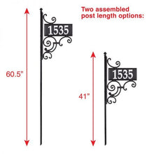 Load image into Gallery viewer, Nite Bright reflective ornate post with rectangle address plaque and reflective address numbers. Two assembled post length options are shown, 60.5 inches high and 41 inches high.