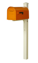 Load image into Gallery viewer, Special lite mid-century modern mailbox and post.  An Orange powdered coated mailbox  with side flag. A square ivory post with pyramind finial and black vinyl address numbers on the side